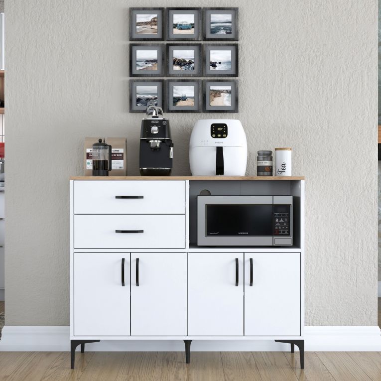 Credenza Bianco Marrone Rovere 2 Cassetti 2 Ripiani 120x40x99h cm, Apertura Battente, Scorrevole - Cavriana