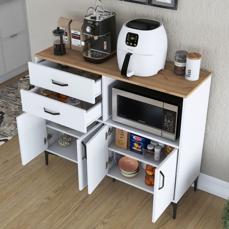 Credenza Bianco Marrone Rovere 2 Cassetti 2 Ripiani 120x40x99h cm, Apertura Battente, Scorrevole - Cavriana
