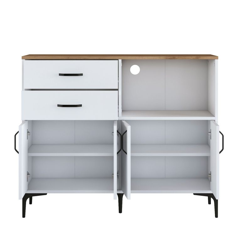 Credenza Bianco Marrone Rovere 2 Cassetti 2 Ripiani 120x40x99h cm, Apertura Battente, Scorrevole - Cavriana
