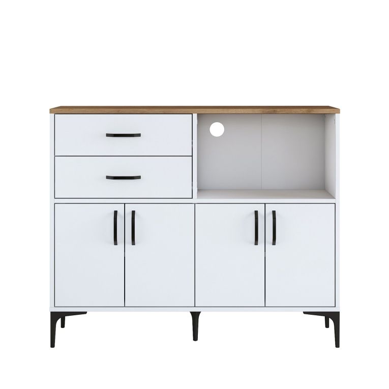 Credenza Bianco Marrone Rovere 2 Cassetti 2 Ripiani 120x40x99h cm, Apertura Battente, Scorrevole - Cavriana