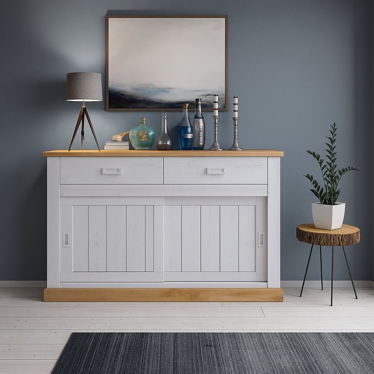 Credenza Bianco Marrone Rovere 2 Cassetti 2 Ripiani 138x50x95h cm, Apertura Scorrevole - Lupara