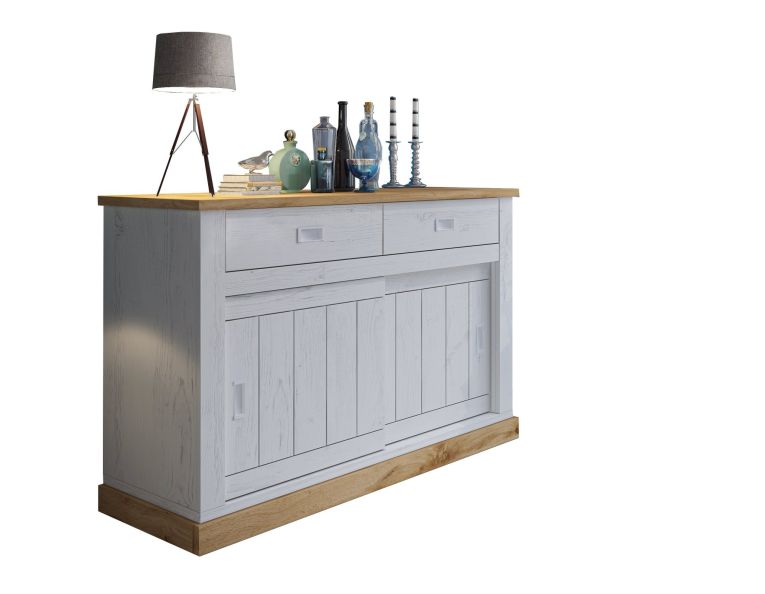 Credenza Bianco Marrone Rovere 2 Cassetti 2 Ripiani 138x50x95h cm, Apertura Scorrevole - Lupara