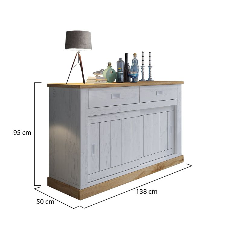 Credenza Bianco Marrone Rovere 2 Cassetti 2 Ripiani 138x50x95h cm, Apertura Scorrevole - Lupara