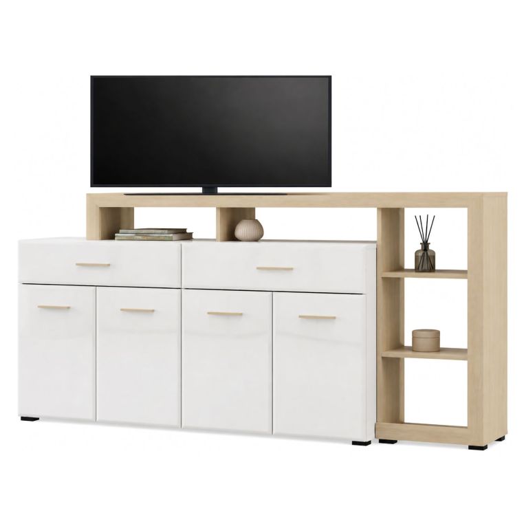 Credenza Bianco Marrone Rovere 2 Cassetti 5 Ripiani 189x42x100h cm, Apertura Battente, Scorrevole - Dovad