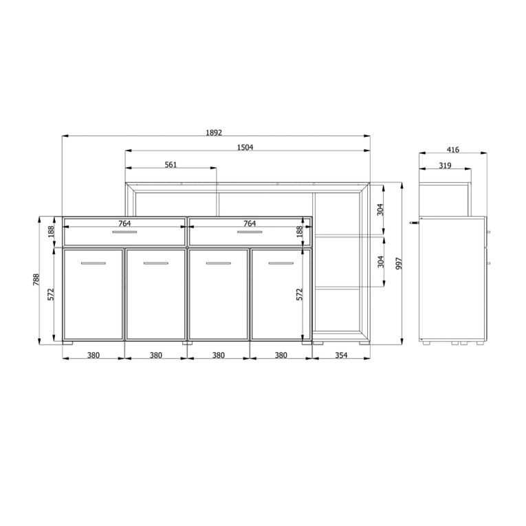 Credenza Bianco Marrone Rovere 2 Cassetti 5 Ripiani 189x42x100h cm, Apertura Battente, Scorrevole - Dovad