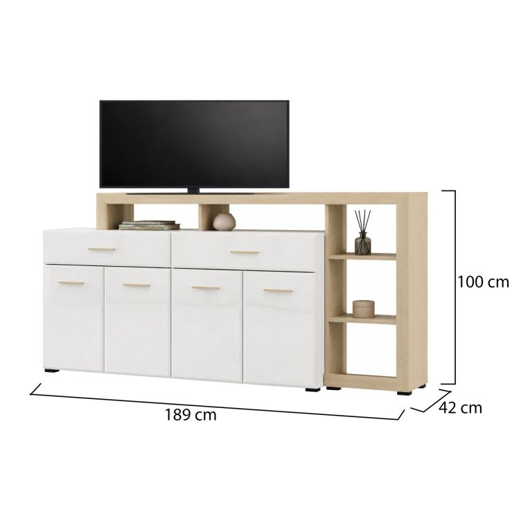 Credenza Bianco Marrone Rovere 2 Cassetti 5 Ripiani 189x42x100h cm, Apertura Battente, Scorrevole - Dovad