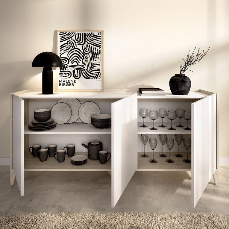 Credenza Bianco Marrone Rovere 2 Ripiani 3 Ante 40x150x78h cm, con Piedini - Caribou