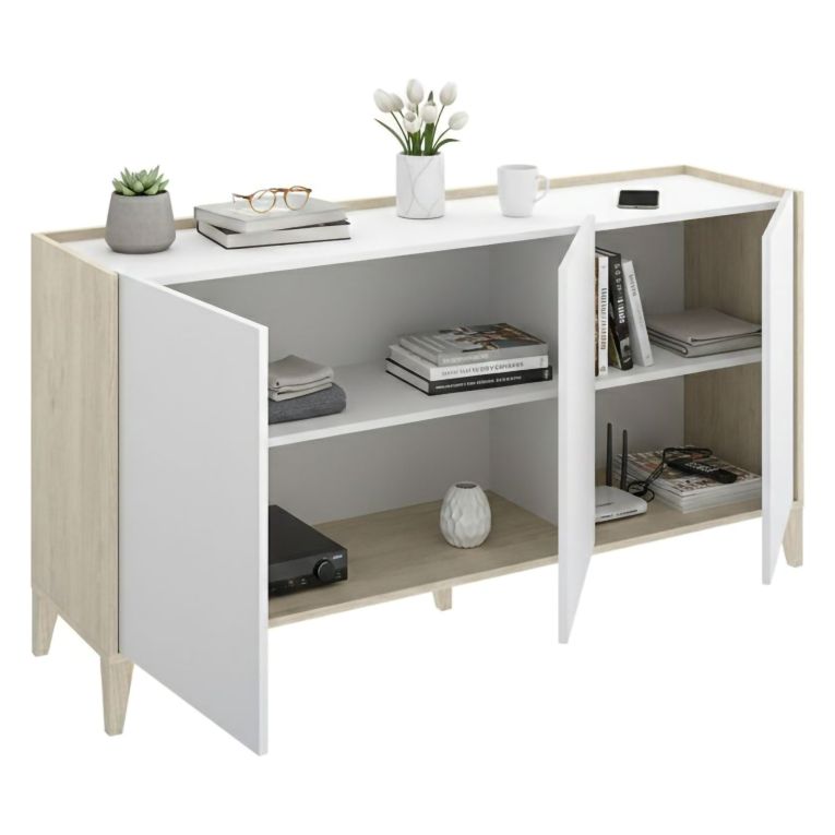 Credenza Bianco Marrone Rovere 2 Ripiani 3 Ante 40x150x78h cm, con Piedini - Caribou