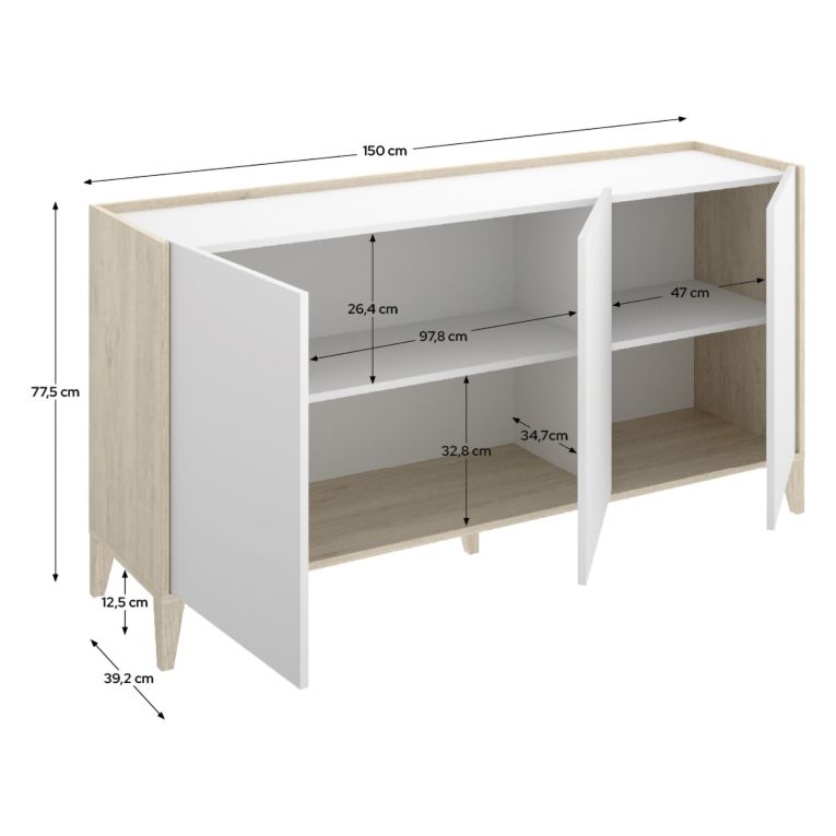 Credenza Bianco Marrone Rovere 2 Ripiani 3 Ante 40x150x78h cm, con Piedini - Caribou