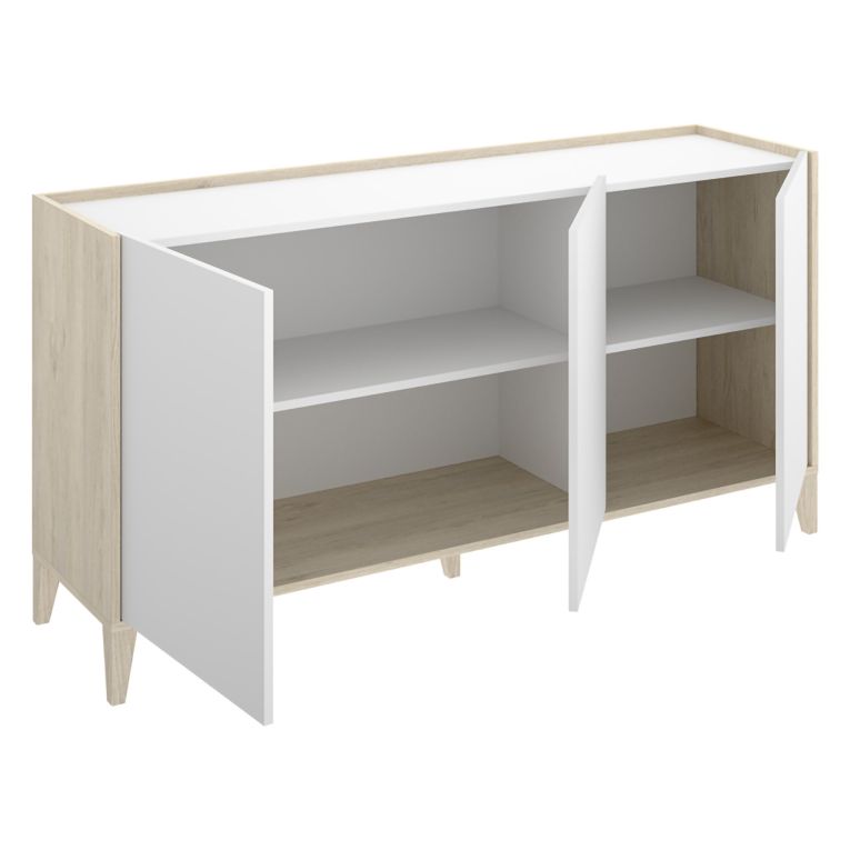 Credenza Bianco Marrone Rovere 2 Ripiani 3 Ante 40x150x78h cm, con Piedini - Caribou