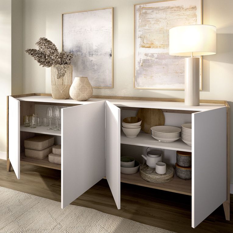 Credenza Bianco Marrone Rovere 2 Ripiani 4 Vani 40x184x78h cm, 4 Ante - Chanute