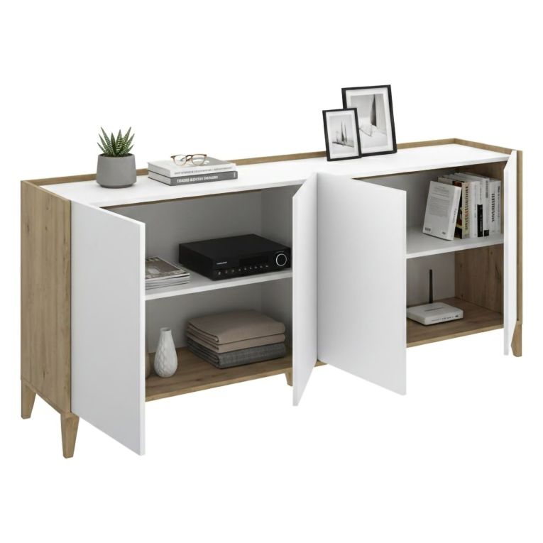 Credenza Bianco Marrone Rovere 2 Ripiani 4 Vani 40x184x78h cm, 4 Ante - Chanute