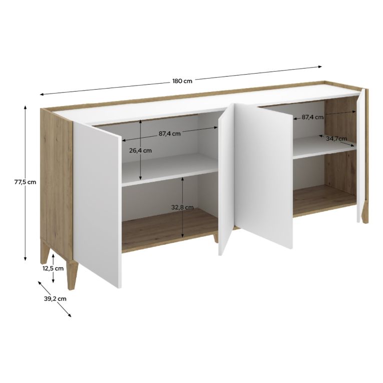 Credenza Bianco Marrone Rovere 2 Ripiani 4 Vani 40x184x78h cm, 4 Ante - Chanute