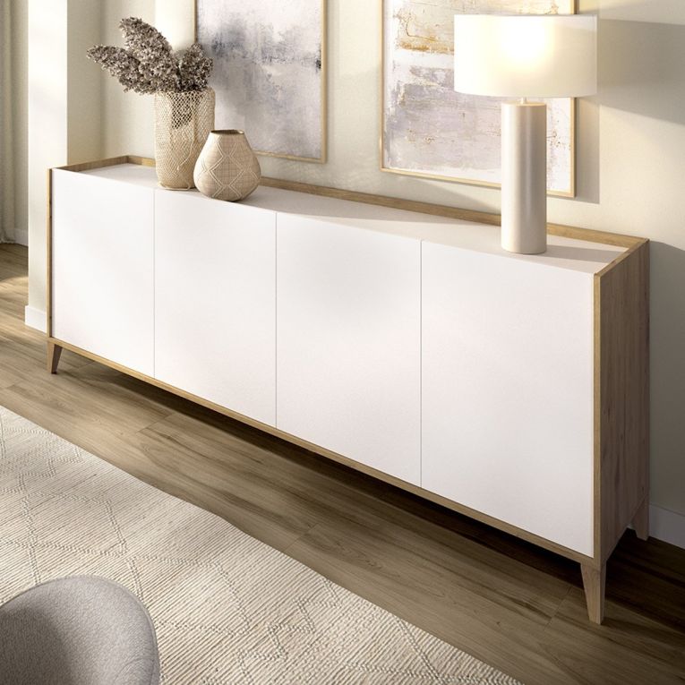 Credenza Bianco Marrone Rovere 2 Ripiani 4 Vani 40x184x78h cm, 4 Ante - Chanute