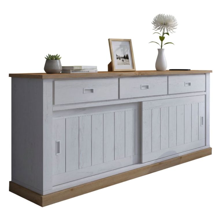 Credenza Bianco Marrone Rovere 3 Cassetti 2 Ripiani 220x50x95h cm, Apertura Scorrevole - Malonno