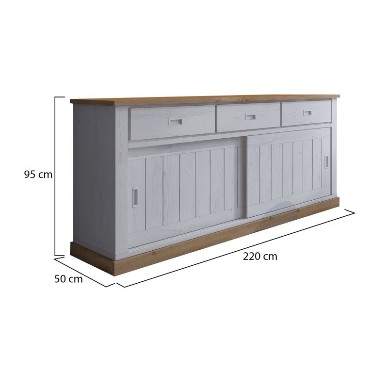 Credenza Bianco Marrone Rovere 3 Cassetti 2 Ripiani 220x50x95h cm, Apertura Scorrevole - Malonno