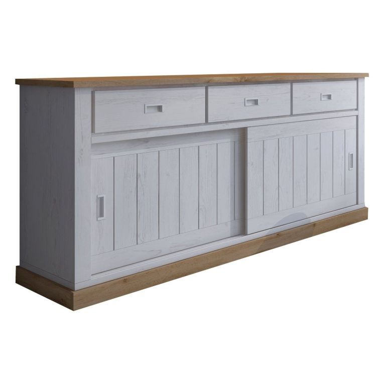 Credenza Bianco Marrone Rovere 3 Cassetti 2 Ripiani 220x50x95h cm, Apertura Scorrevole - Malonno