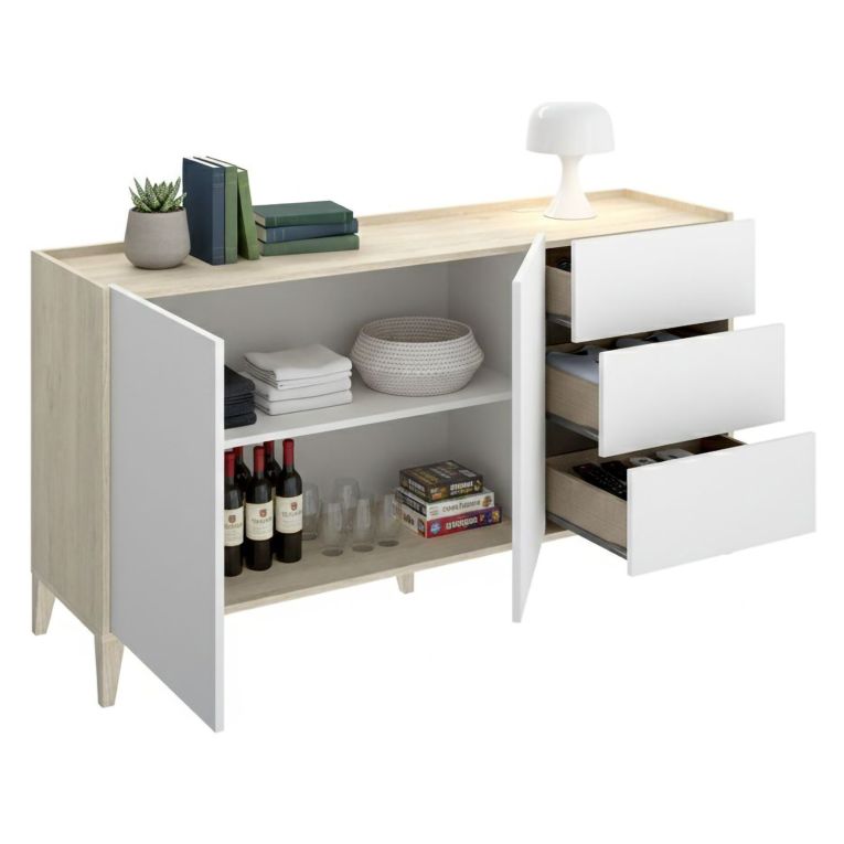Credenza Bianco Marrone Rovere 3 Cassetti un Ripiano 40x150x78h cm, Apertura Battente, Scorrevole - Cadillac
