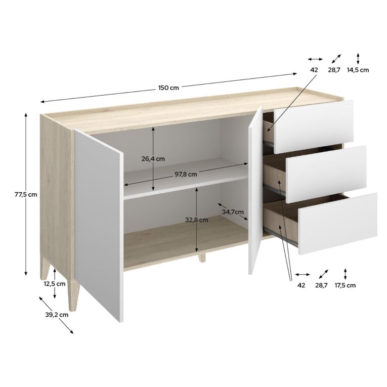 Credenza Bianco Marrone Rovere 3 Cassetti un Ripiano 40x150x78h cm, Apertura Battente, Scorrevole - Cadillac