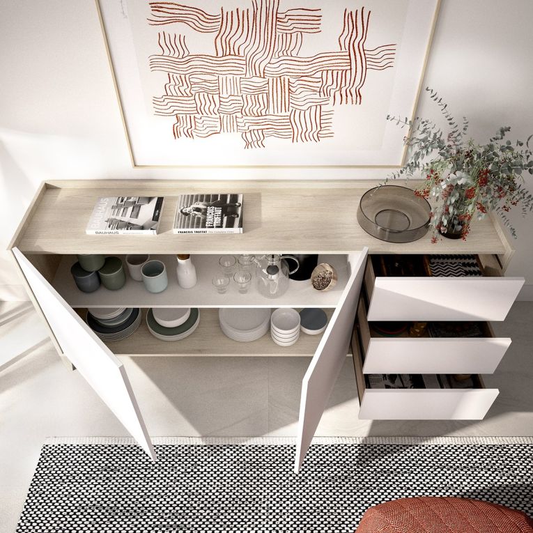 Credenza Bianco Marrone Rovere 3 Cassetti un Ripiano 40x150x78h cm, Apertura Battente, Scorrevole - Cadillac