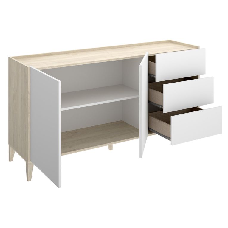 Credenza Bianco Marrone Rovere 3 Cassetti un Ripiano 40x150x78h cm, Apertura Battente, Scorrevole - Cadillac