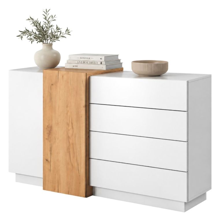 Credenza Bianco Marrone Rovere 4 Cassetti 2 Ripiani 160x45x94h cm, Apertura Battente, Scorrevole - Hadarari