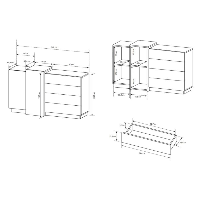 Credenza Bianco Marrone Rovere 4 Cassetti 2 Ripiani 160x45x94h cm, Apertura Battente, Scorrevole - Hadarari