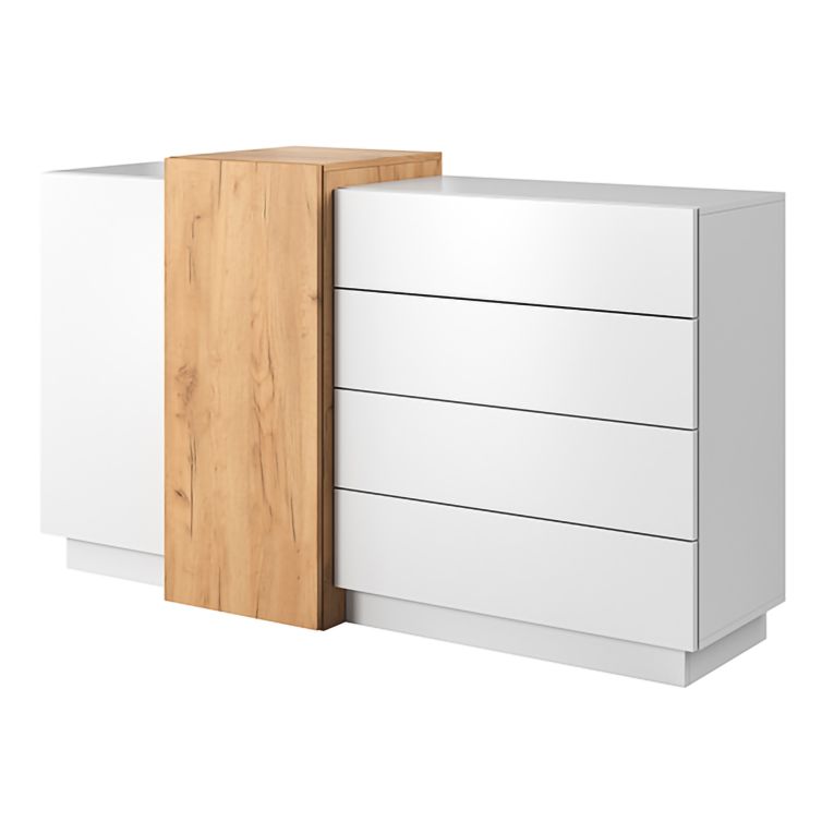 Credenza Bianco Marrone Rovere 4 Cassetti 2 Ripiani 160x45x94h cm, Apertura Battente, Scorrevole - Hadarari