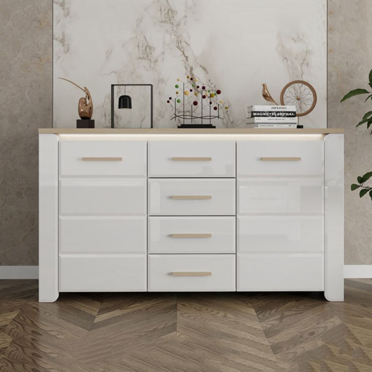 Credenza Bianco Marrone Rovere 4 Cassetti 3 Ripiani 154x41x88h cm, Apertura Battente, Scorrevole - Barone