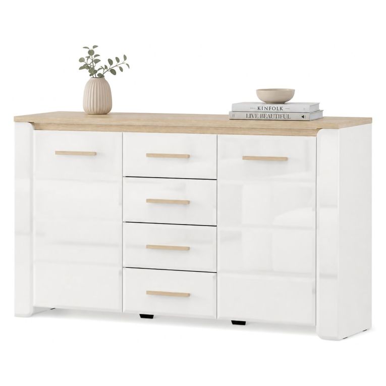 Credenza Bianco Marrone Rovere 4 Cassetti 3 Ripiani 154x41x88h cm, Apertura Battente, Scorrevole - Barone