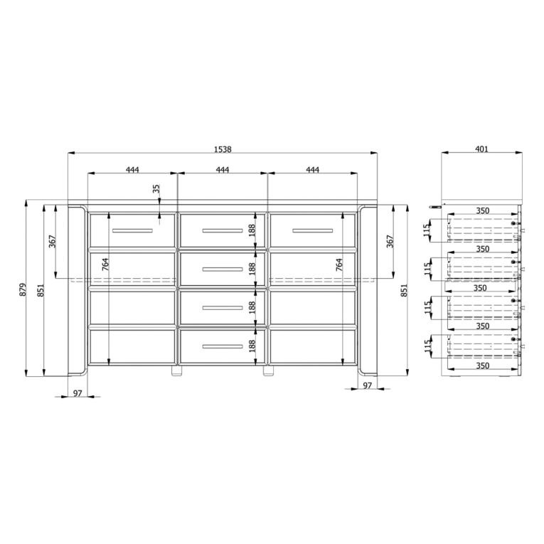 Credenza Bianco Marrone Rovere 4 Cassetti 3 Ripiani 154x41x88h cm, Apertura Battente, Scorrevole - Barone