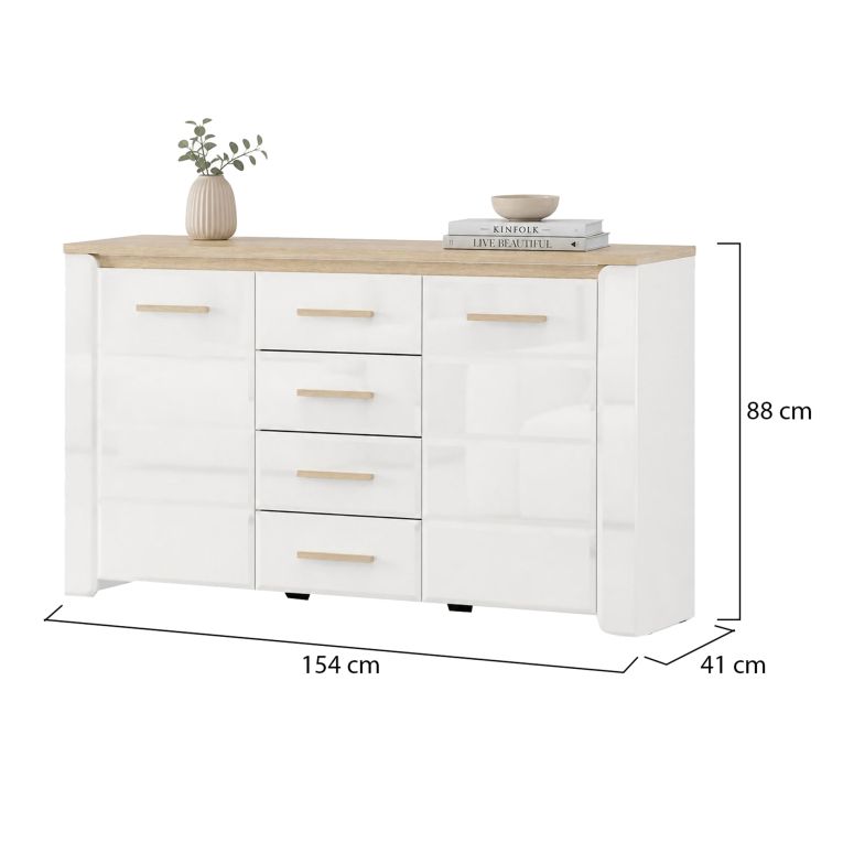 Credenza Bianco Marrone Rovere 4 Cassetti 3 Ripiani 154x41x88h cm, Apertura Battente, Scorrevole - Barone