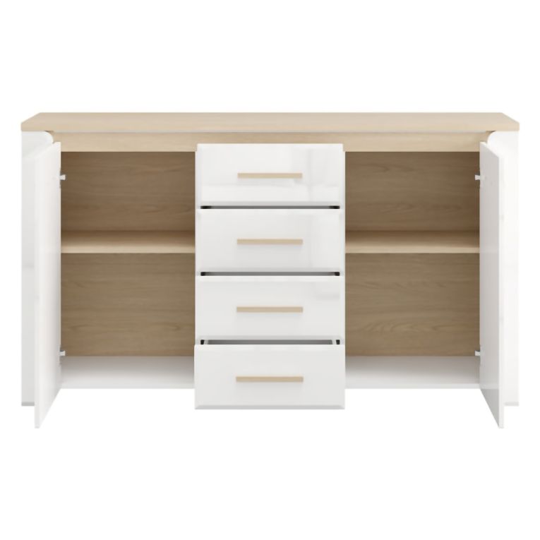 Credenza Bianco Marrone Rovere 4 Cassetti 3 Ripiani 154x41x88h cm, Apertura Battente, Scorrevole - Barone