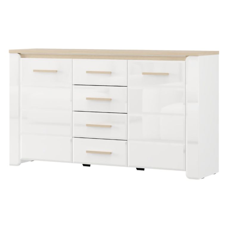 Credenza Bianco Marrone Rovere 4 Cassetti 3 Ripiani 154x41x88h cm, Apertura Battente, Scorrevole - Barone