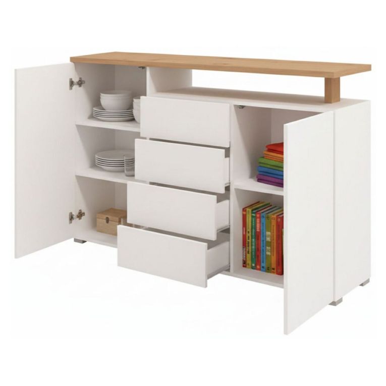 Credenza Bianco Marrone Rovere 4 Cassetti 4 Ripiani 154x40x94h cm, Apertura Battente e Scorrevole - Levate