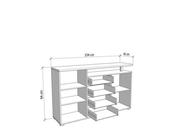 Credenza Bianco Marrone Rovere 4 Cassetti 4 Ripiani 154x40x94h cm, Apertura Battente e Scorrevole - Levate