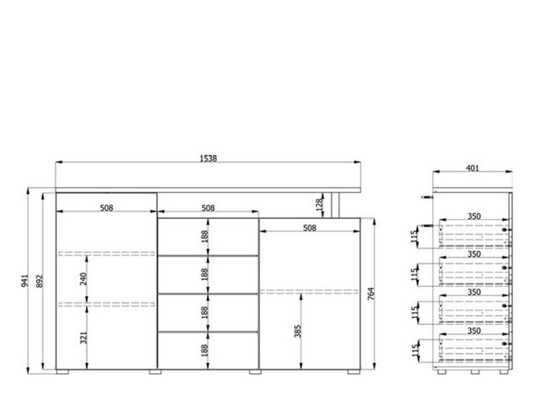 Credenza Bianco Marrone Rovere 4 Cassetti 4 Ripiani 154x40x94h cm, Apertura Battente e Scorrevole - Levate
