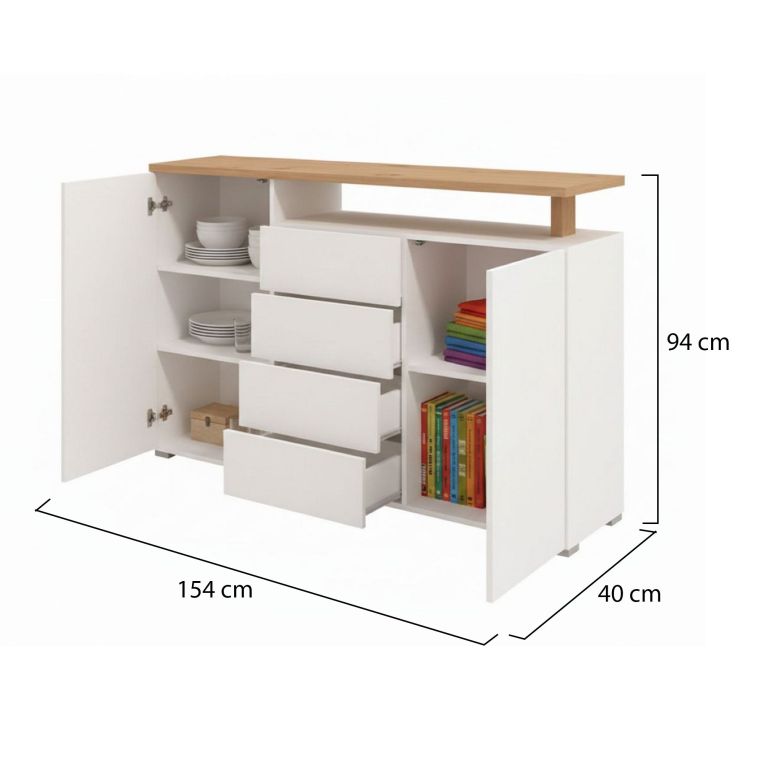 Credenza Bianco Marrone Rovere 4 Cassetti 4 Ripiani 154x40x94h cm, Apertura Battente e Scorrevole - Levate