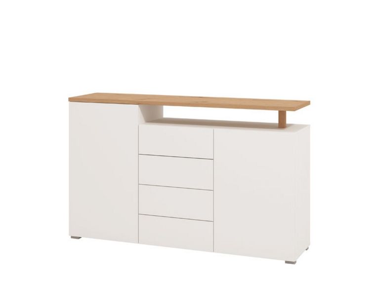 Credenza Bianco Marrone Rovere 4 Cassetti 4 Ripiani 154x40x94h cm, Apertura Battente e Scorrevole - Levate
