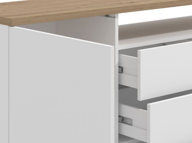 Credenza Bianco Marrone Rovere 4 Cassetti 4 Ripiani 154x40x94h cm, Apertura Battente e Scorrevole - Levate
