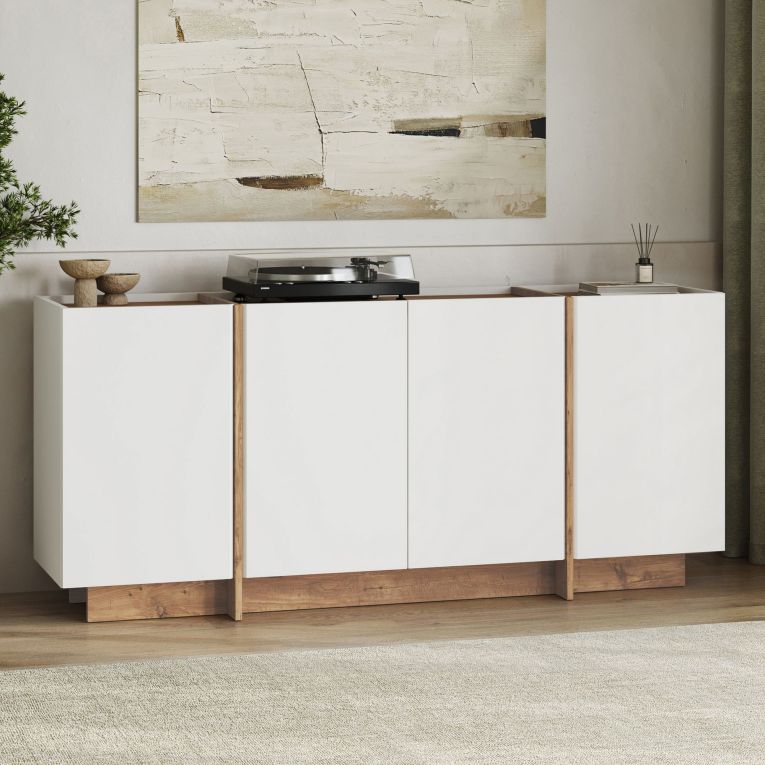 Credenza Bianco Marrone Rovere 4 Ripiani 4 Ante 180x45x80h cm, 8 Vani - Nolona