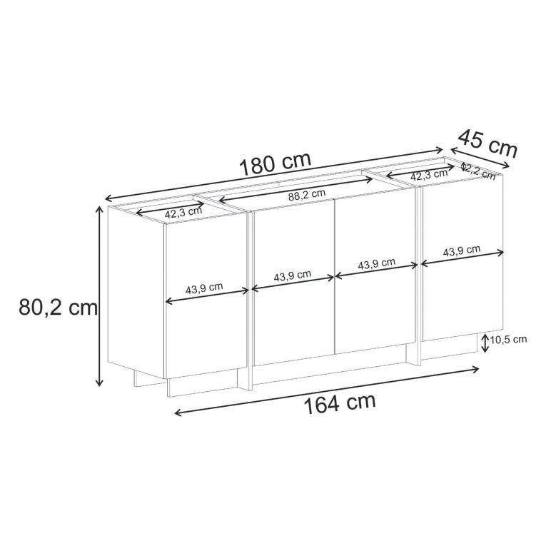 Credenza Bianco Marrone Rovere 4 Ripiani 4 Ante 180x45x80h cm, 8 Vani - Nolona