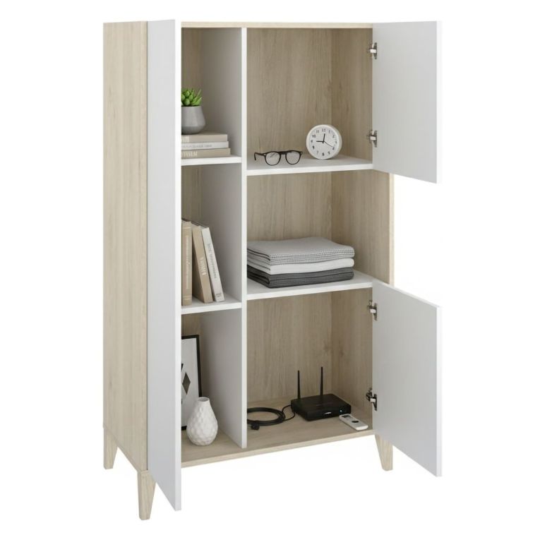 Credenza Bianco Marrone Rovere 4 Ripiani 6 Vani 43x81x138h cm, 3 Ante - Cleburne