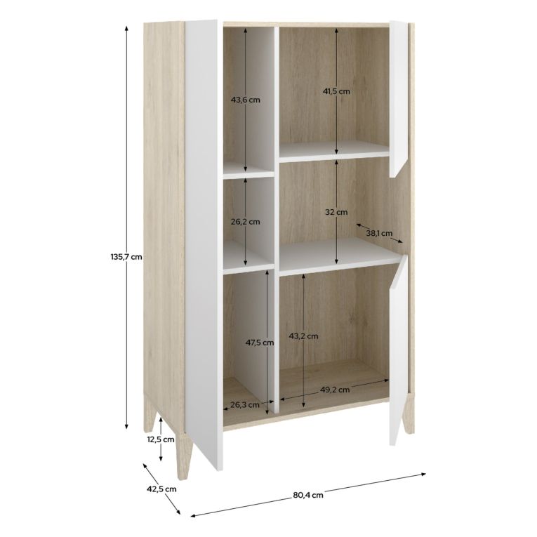 Credenza Bianco Marrone Rovere 4 Ripiani 6 Vani 43x81x138h cm, 3 Ante - Cleburne