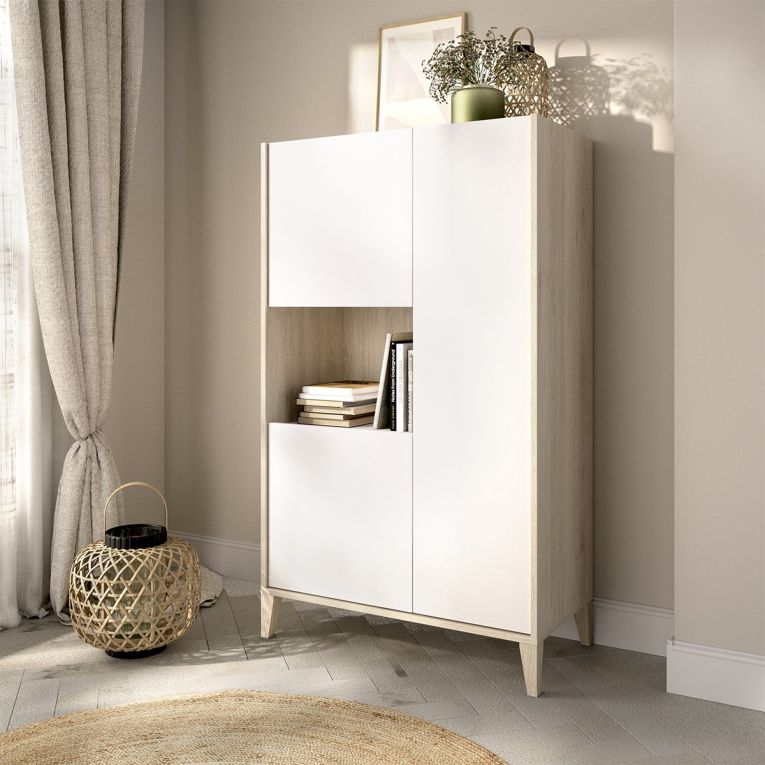 Credenza Bianco Marrone Rovere 4 Ripiani 6 Vani 43x81x138h cm, 3 Ante - Cleburne