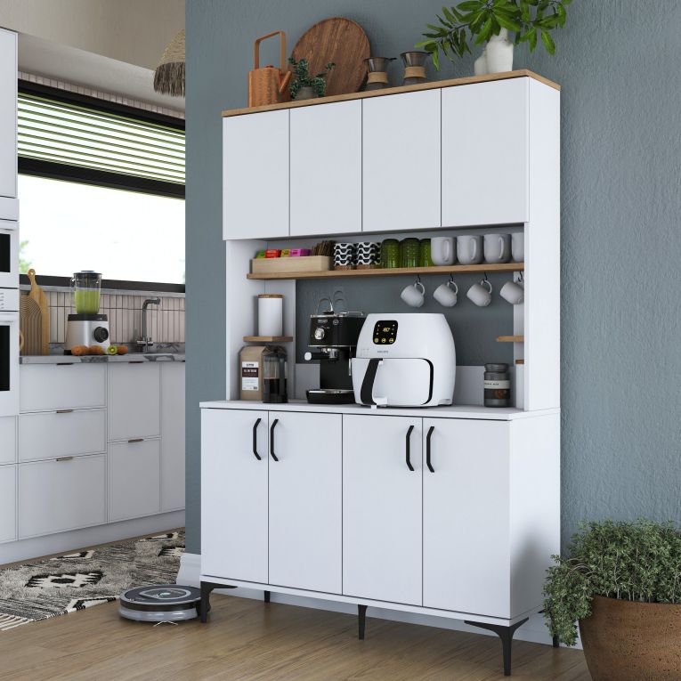 Credenza Bianco Marrone Rovere 4 Ripiani 8 Vani 120x40x187h cm, 8 Ante - Legnaro