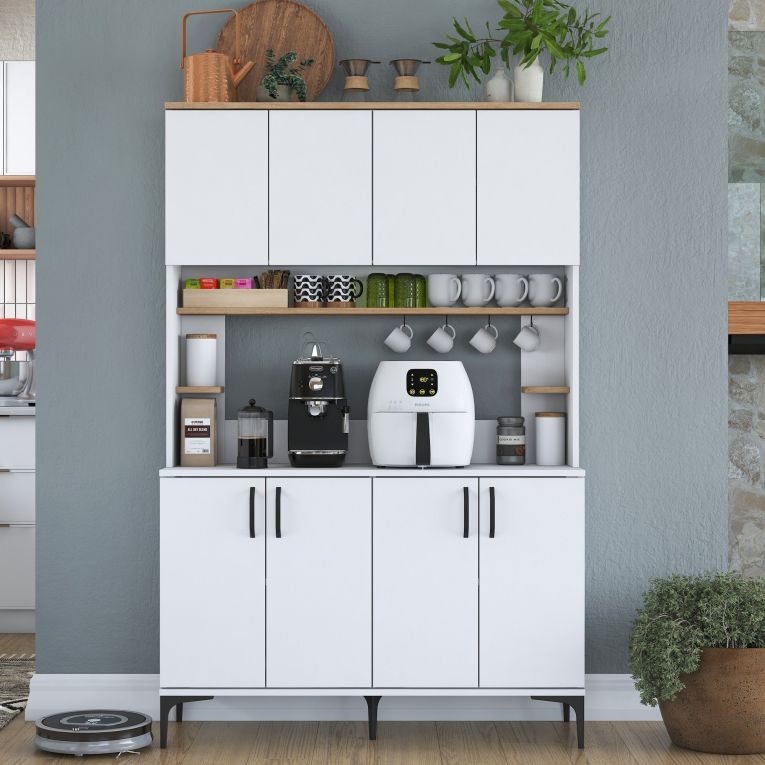 Credenza Bianco Marrone Rovere 4 Ripiani 8 Vani 120x40x187h cm, 8 Ante - Legnaro