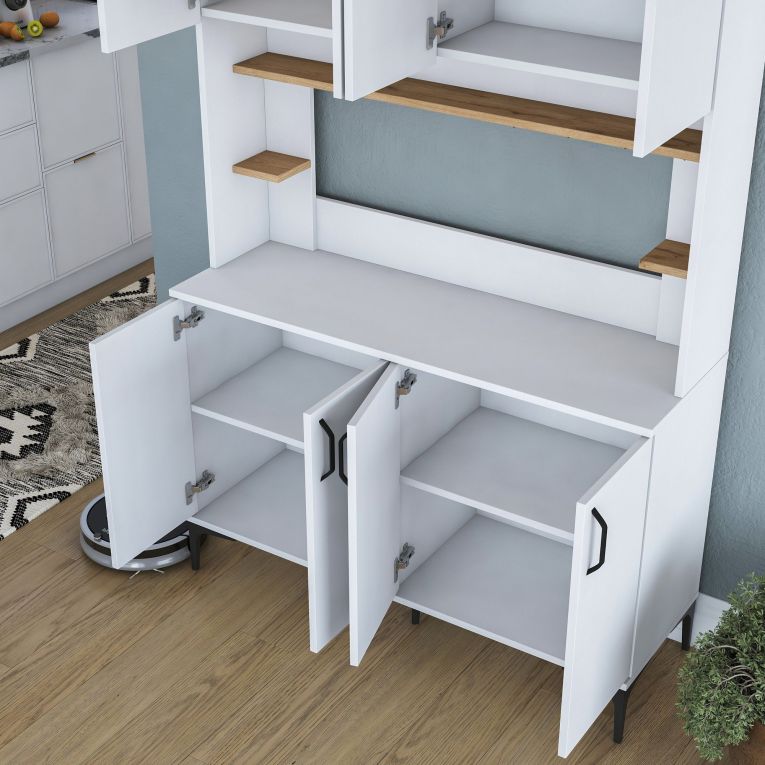 Credenza Bianco Marrone Rovere 4 Ripiani 8 Vani 120x40x187h cm, 8 Ante - Legnaro