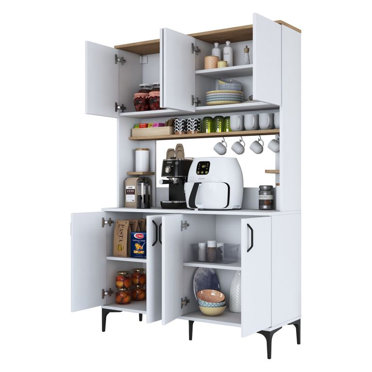 Credenza Bianco Marrone Rovere 4 Ripiani 8 Vani 120x40x187h cm, 8 Ante - Legnaro