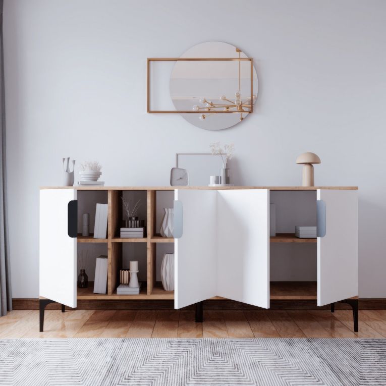 Credenza Bianco Marrone Rovere 4 Ripiani 8 Vani 180x40x79h cm, 4 Ante - Rottaro